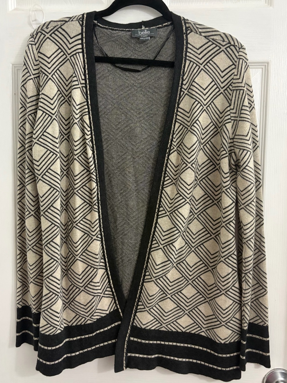 Belle by Kim Gravel Cream and Black Geometric Open Cardigan. Size large
